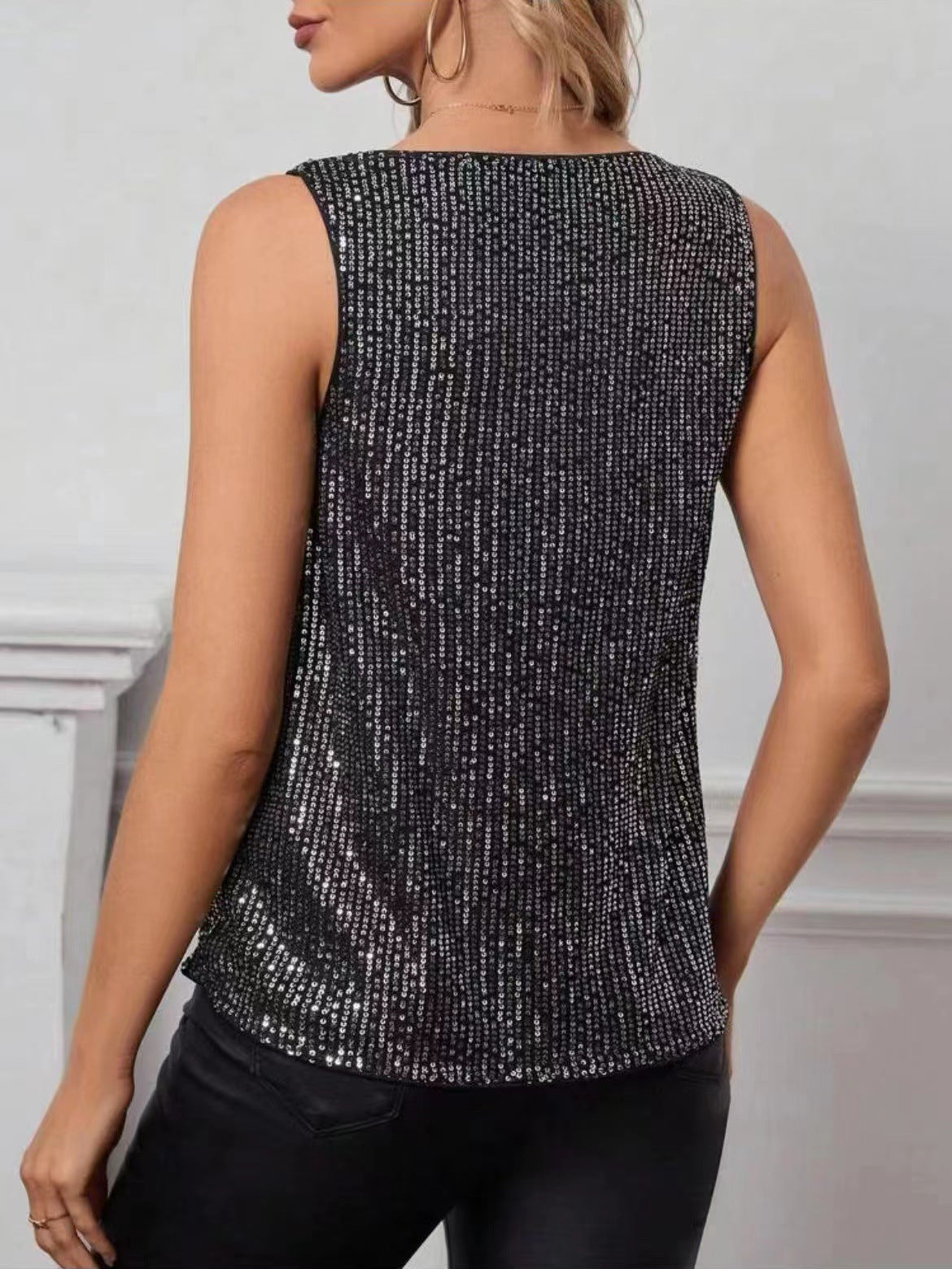 Sexy V-Neck Tubular Sequins Loose Pullover Women's Vest