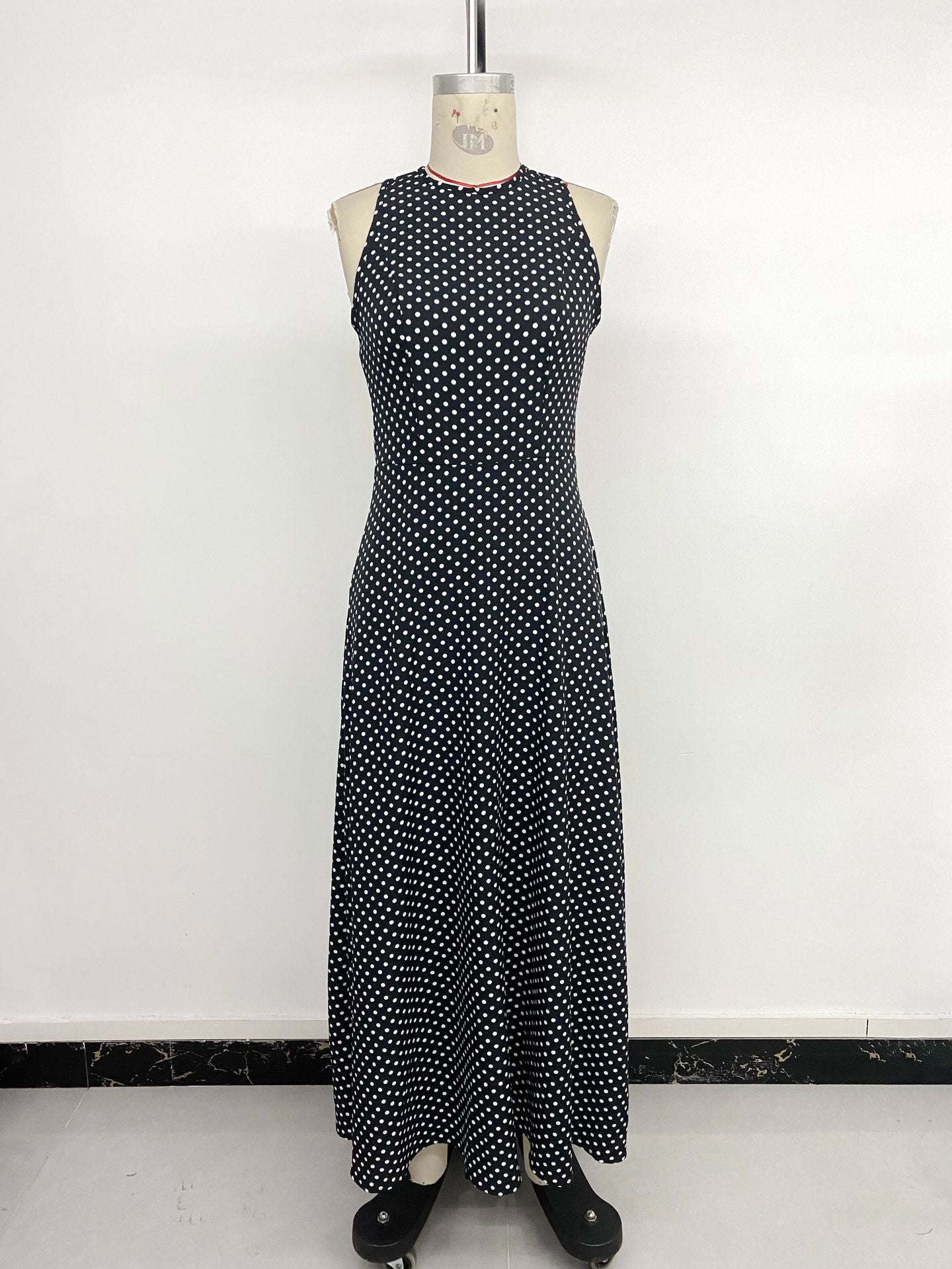 Long Dress Sleeveless Waist Strap Halter Polka Dot Dress