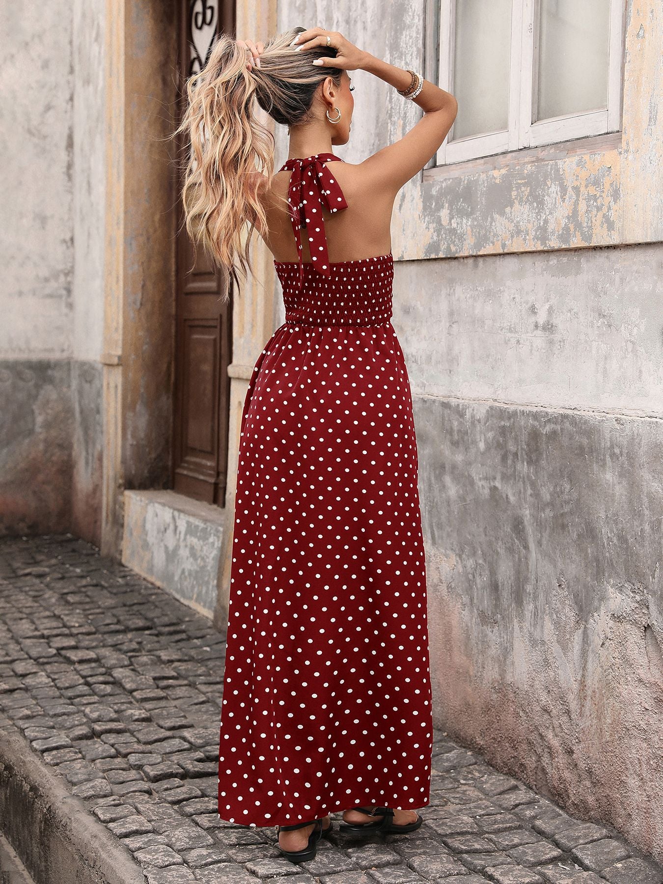 Vintage Neck Slim Fit Deep V-neck Suspender Polka Dot Dress