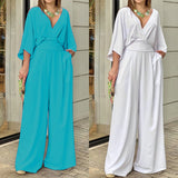Women's Casual V-Neck Slim-Fit Solid Color Wide Leg Jumpsuit