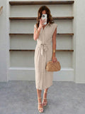 Elegant Shirt Dress Solid Color Cinched Waist Dress