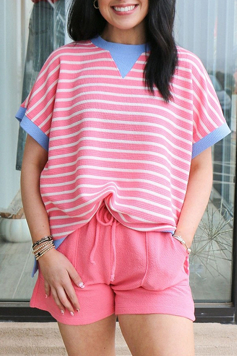 Womens Crew Neck Short Sleeve Pullover Striped T-Shirt