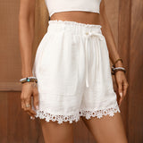 Shorts Loose Drawstring White Lace Splicing Shorts Women