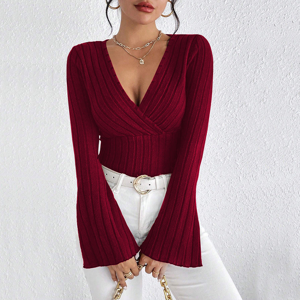 Women's V-Neck Flared Sleeve Slim-Fit Shirt Knitted Top