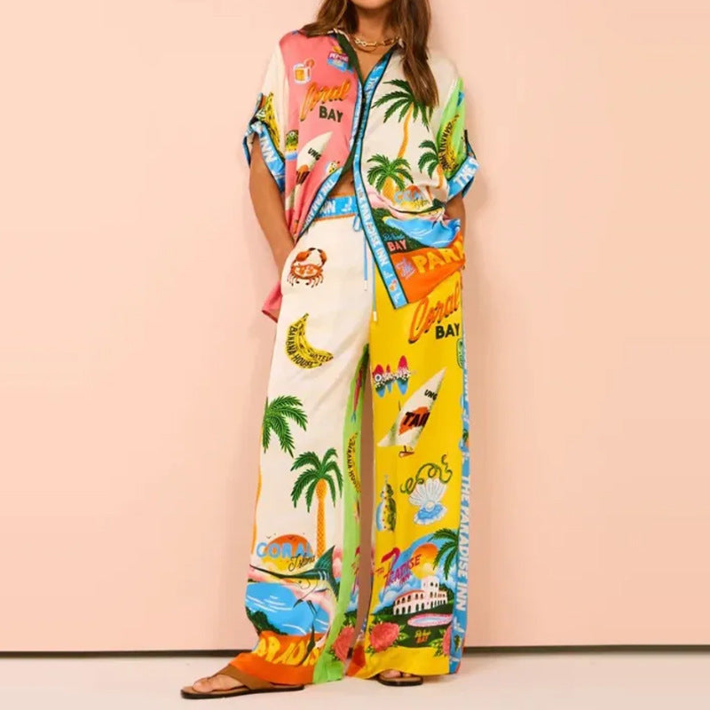 Women's Fashion Casual Print Color Matching Pocket Set