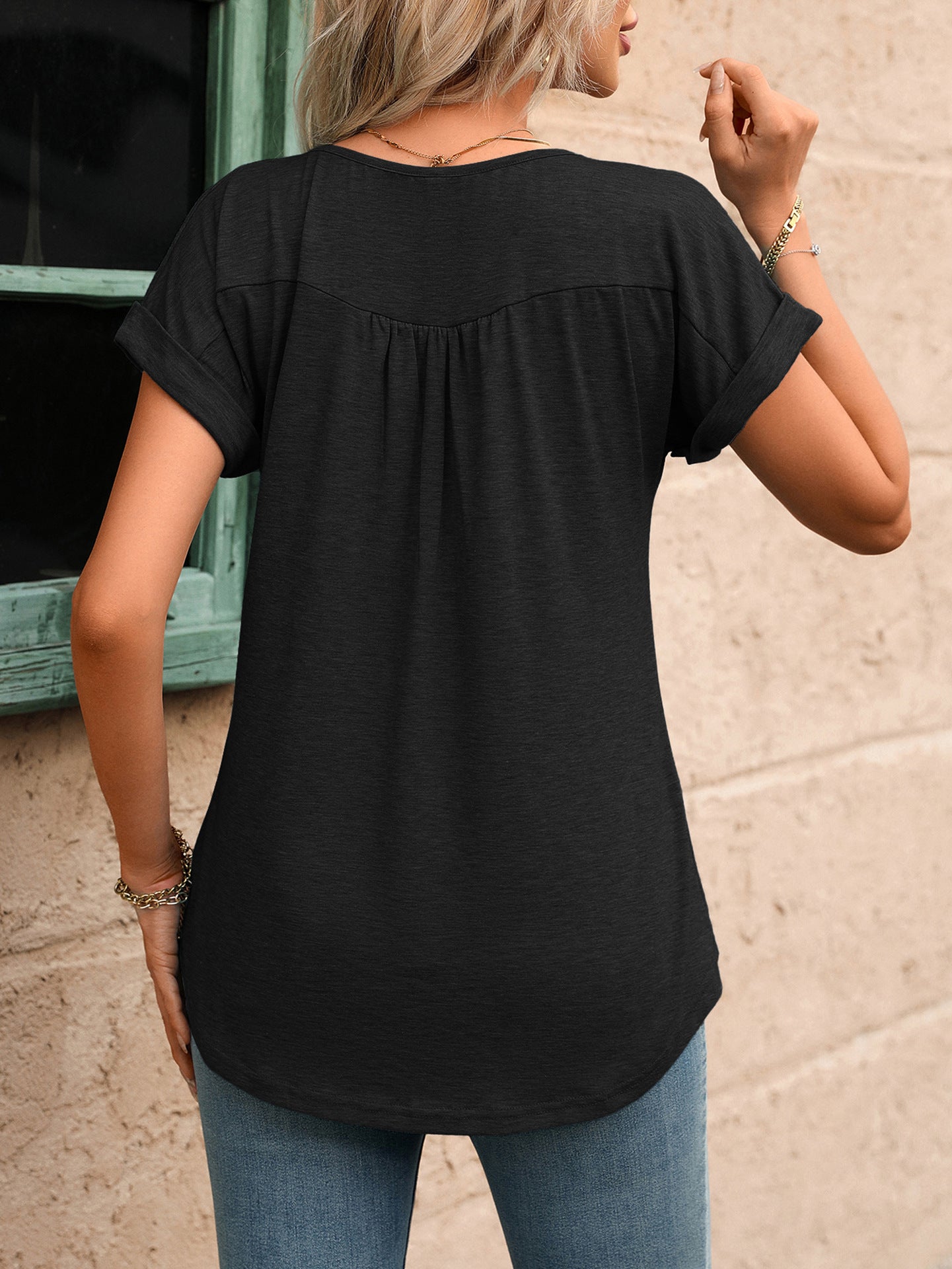Women Solid Color Crew Neck Button Short Sleeve T-Shirt