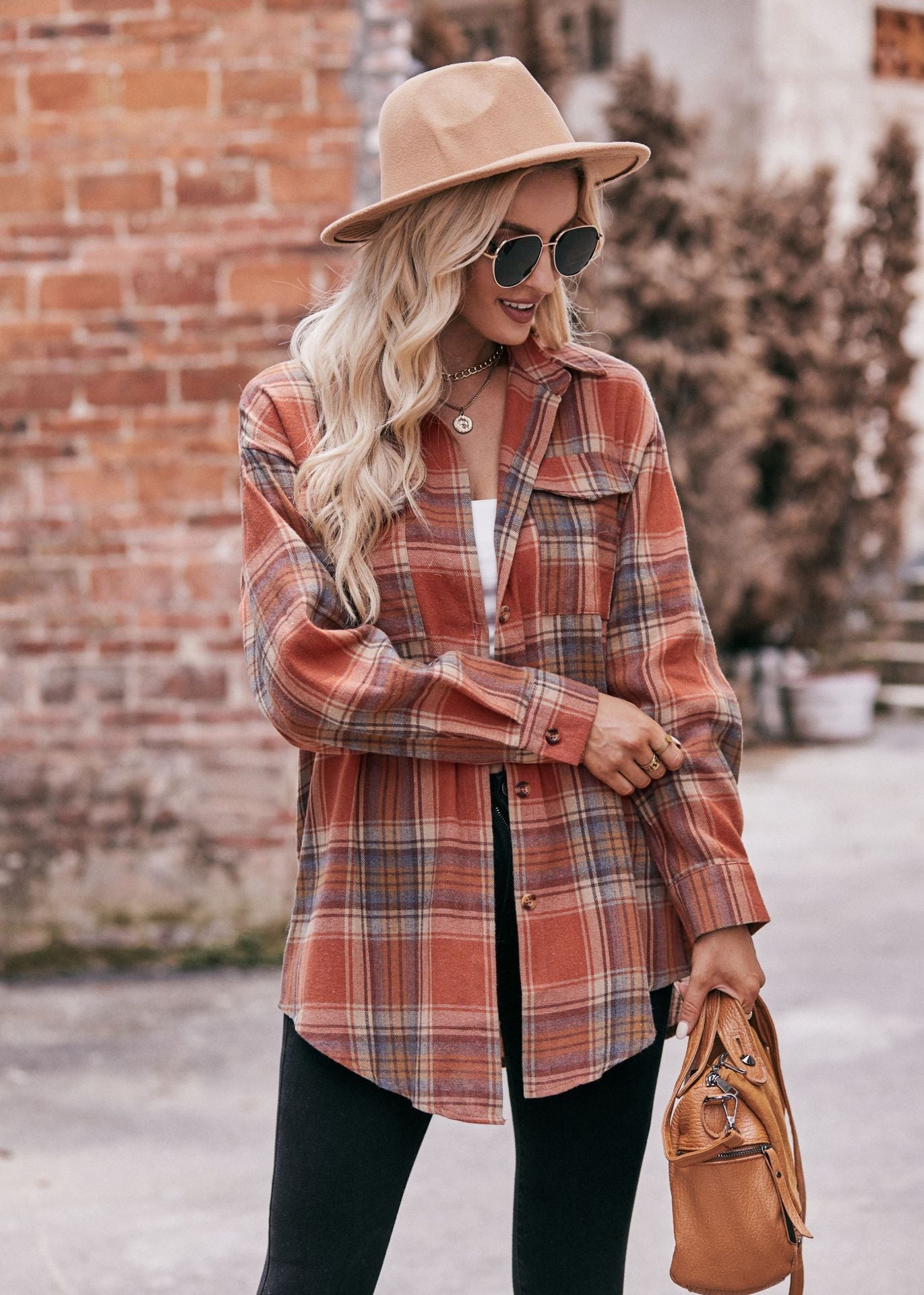 Women Oversize Loose Plaid Jacket with Pocket