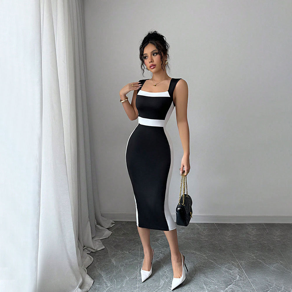 Women Long Dress Square Neck Contrasting Dress