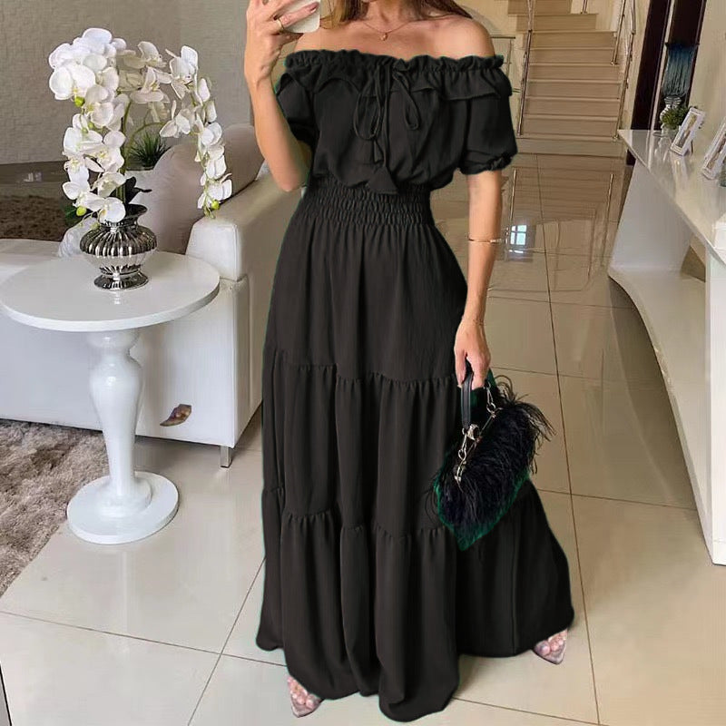 Solid Color Strappy Tube Top Bubble Sleeve Swing Dress