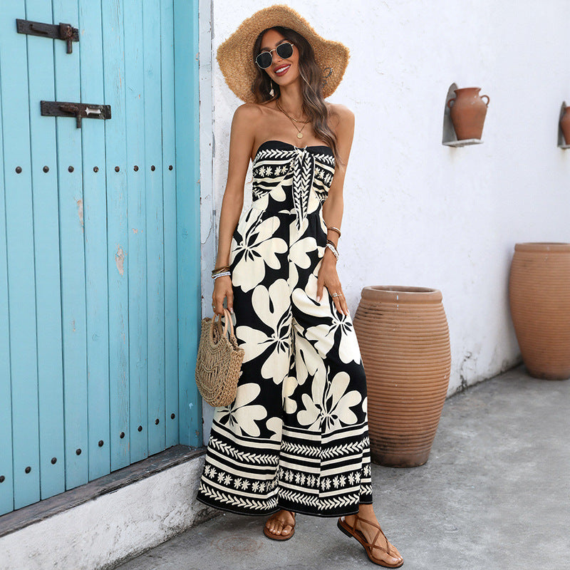 Women's Flower Print Lace-up Halter Jumpsuit