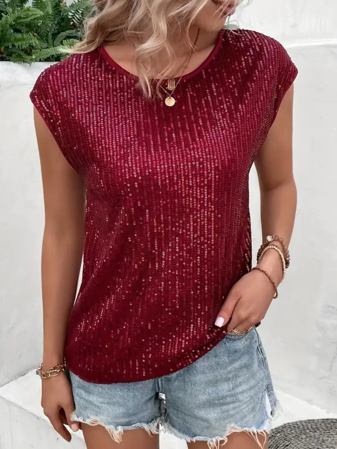 Casual Fashion Party Crew Neck Sleeveless Top Women's Sequins T-Shirt