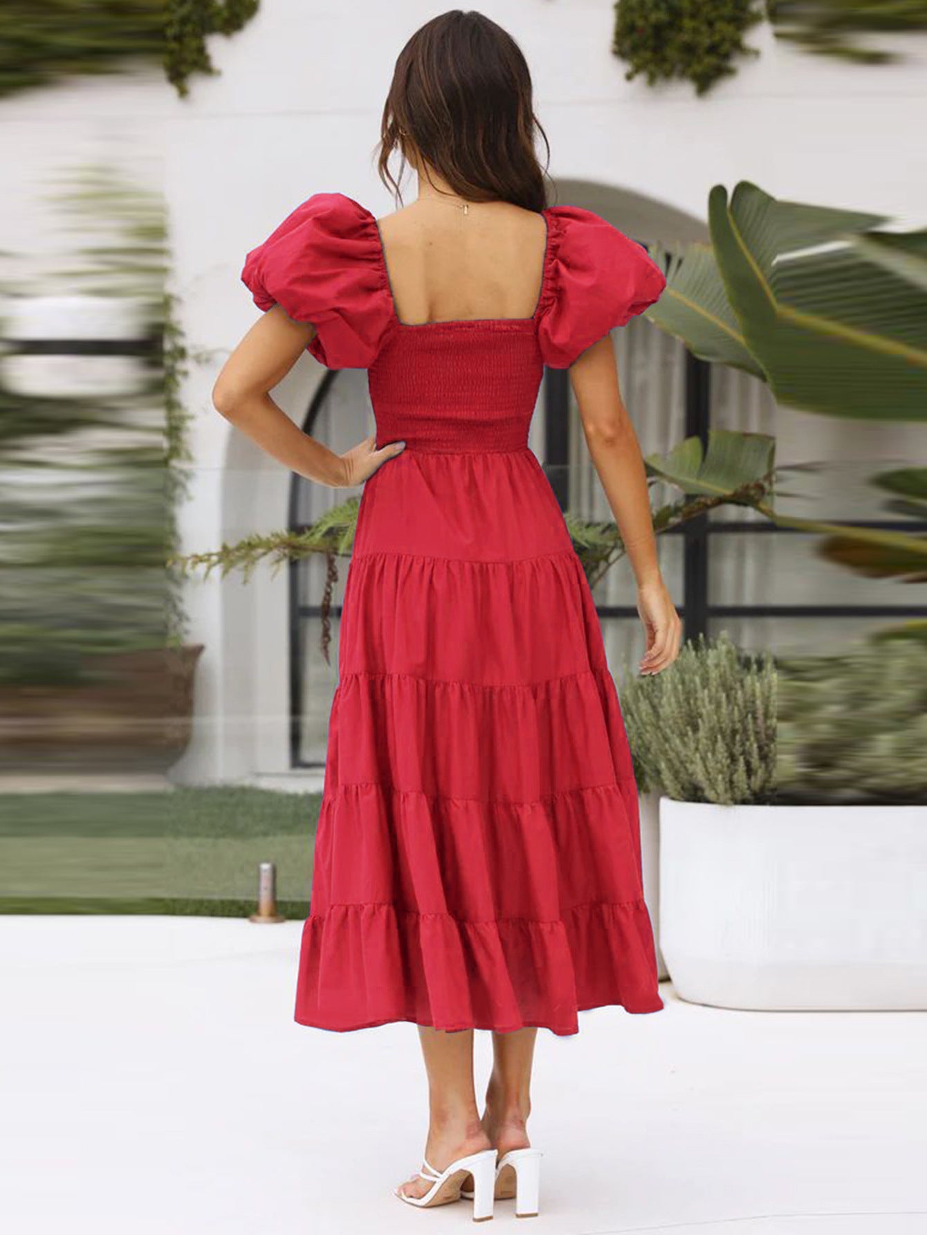 Women Bubble Sleeve Holiday Skinny Long Dress High Waist Shoulder Print Dress