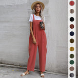 Casual Cotton and Linen Pocket Solid Color Sleeveless Jumpsuit