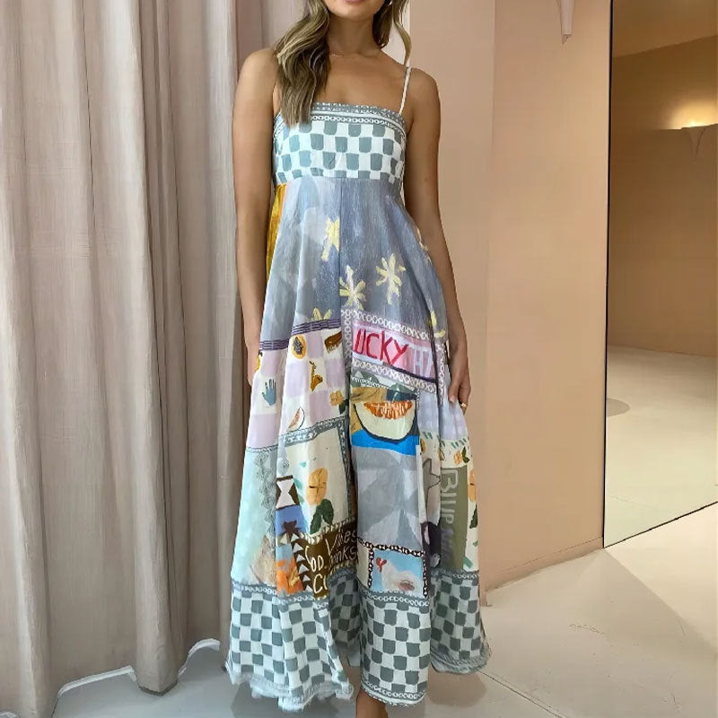 Elegant Printed High Waist Suspender Dress Long Dress