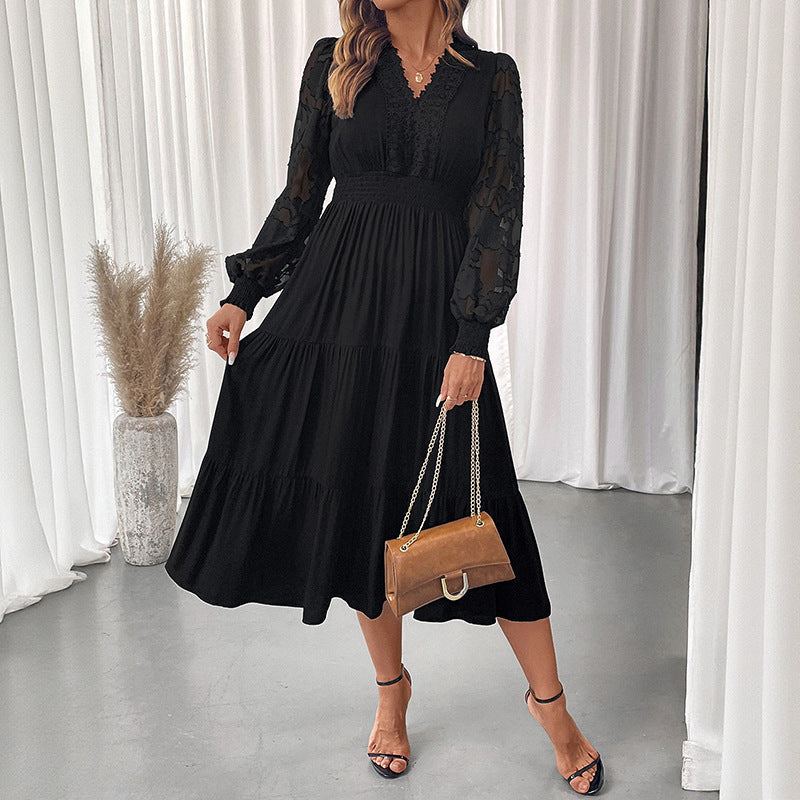 Women's Lace V-neck Lace Long-sleeved Dress