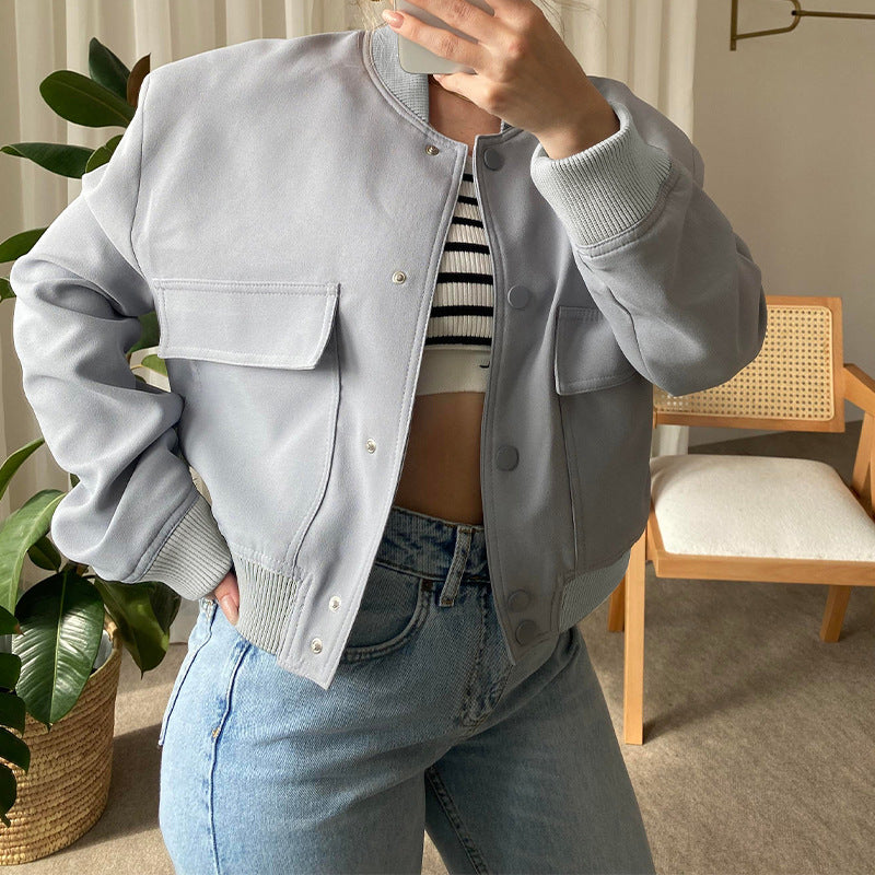 Women's Casual Stand-up Collar Solid Color Pocket Jacket