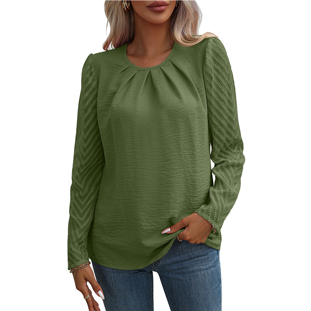 Women's Crew Neck Pleated Chiffon Long Sleeve Shirt