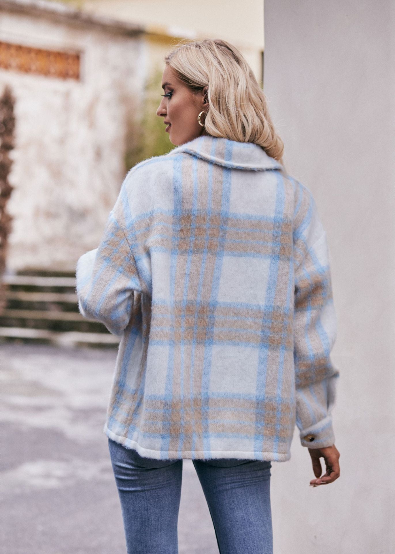 Women Plaid Short Jacket  with Pocket