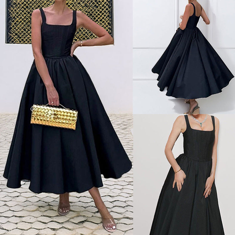 Elegant Slim-fitting Square-neck Splicing A-word Dress