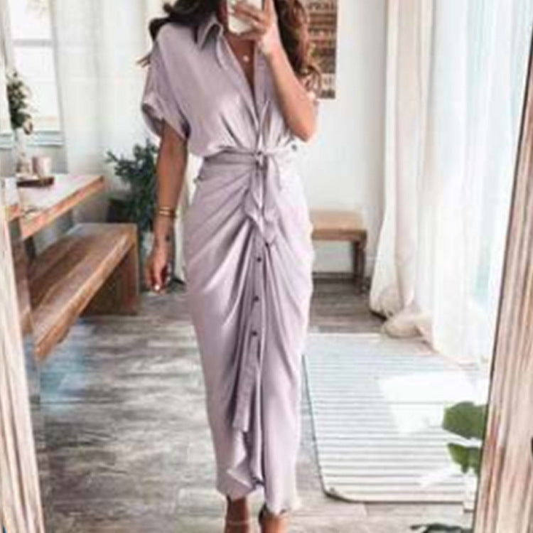 Elegant Short Sleeve Printed High Waist Dress Long Dress