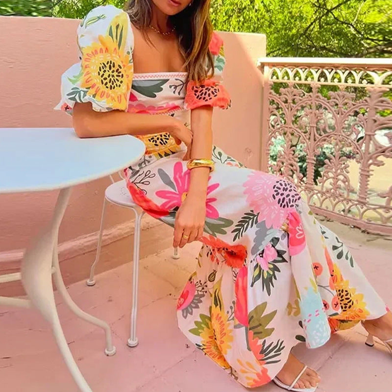 Women's Fashion Lantern Sleeve Print A-shaped Dress