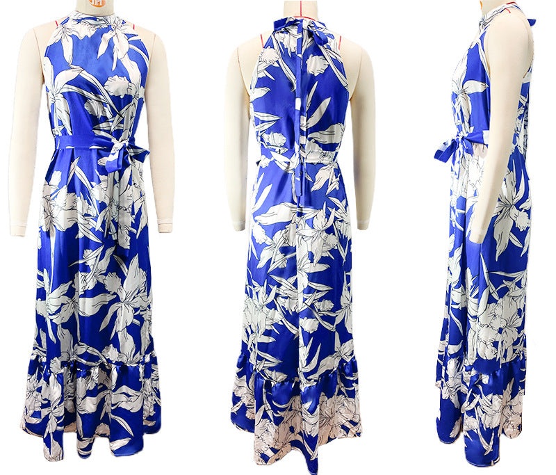 Women's Summer Neck Strap Printed Lotus Leaf Dress Women