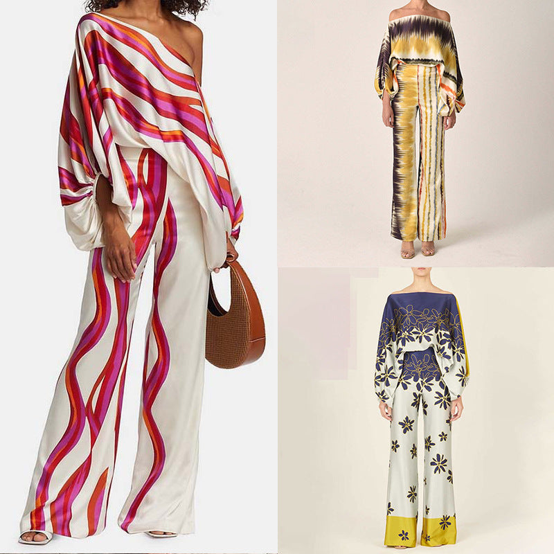 Elegant and Loose Bat Sleeve Print Fashion Set