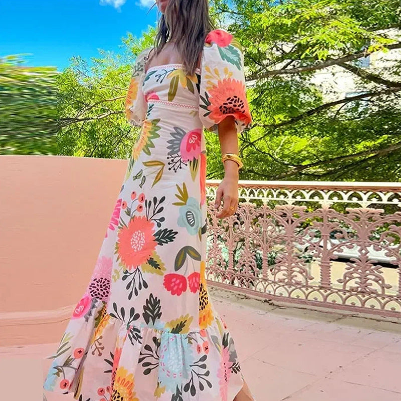 Women's Fashion Lantern Sleeve Print A-shaped Dress