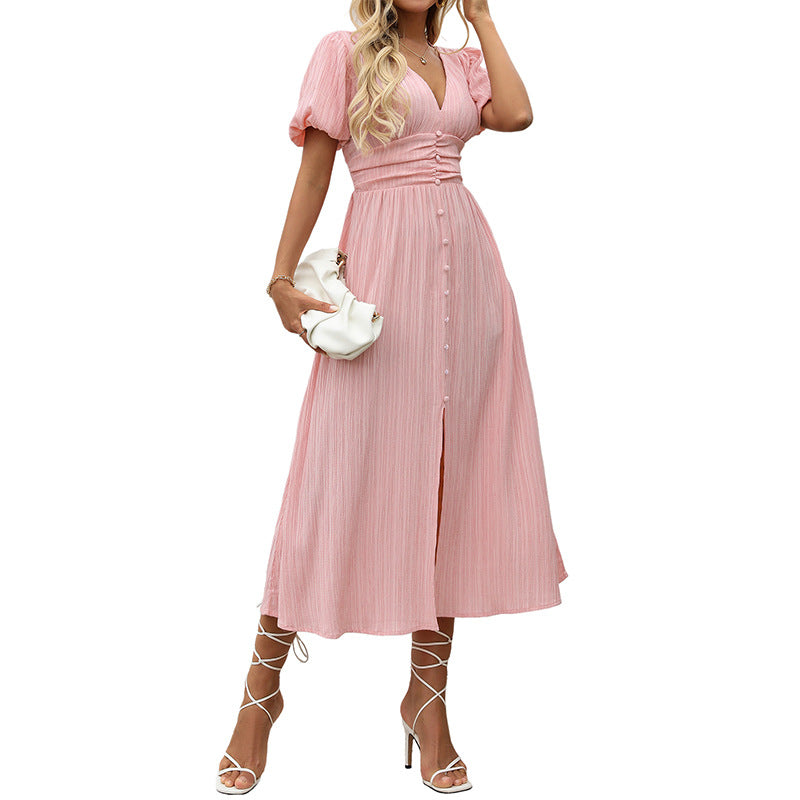 Women Mid-length Bubble Sleeve Pink Waist Dress