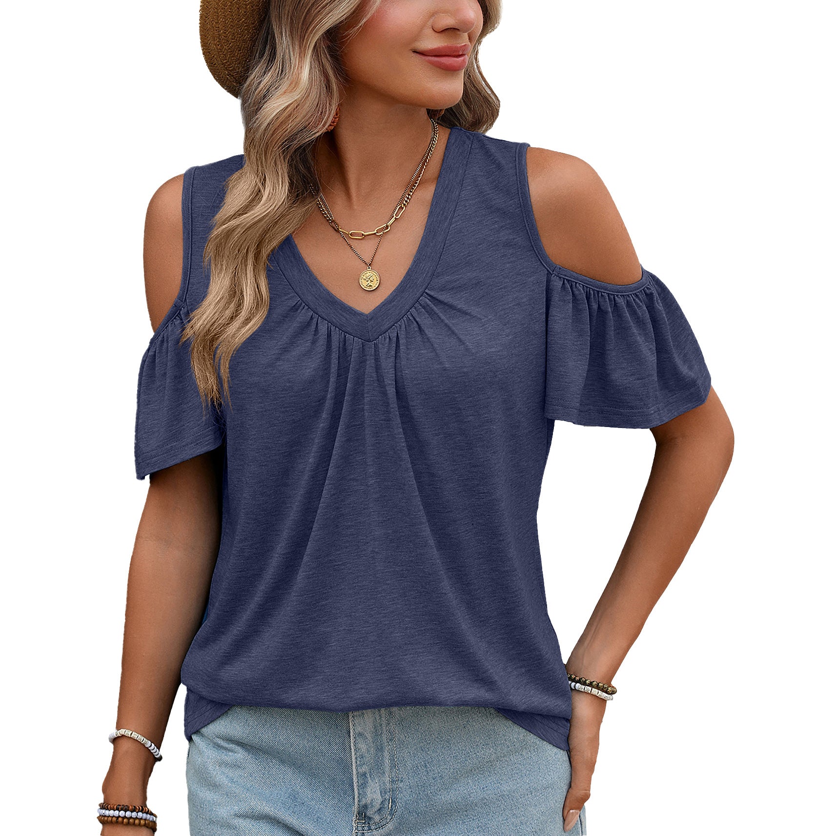 Women Solid Color V-Neck Off-Shoulder Short Sleeve T-Shirt Top