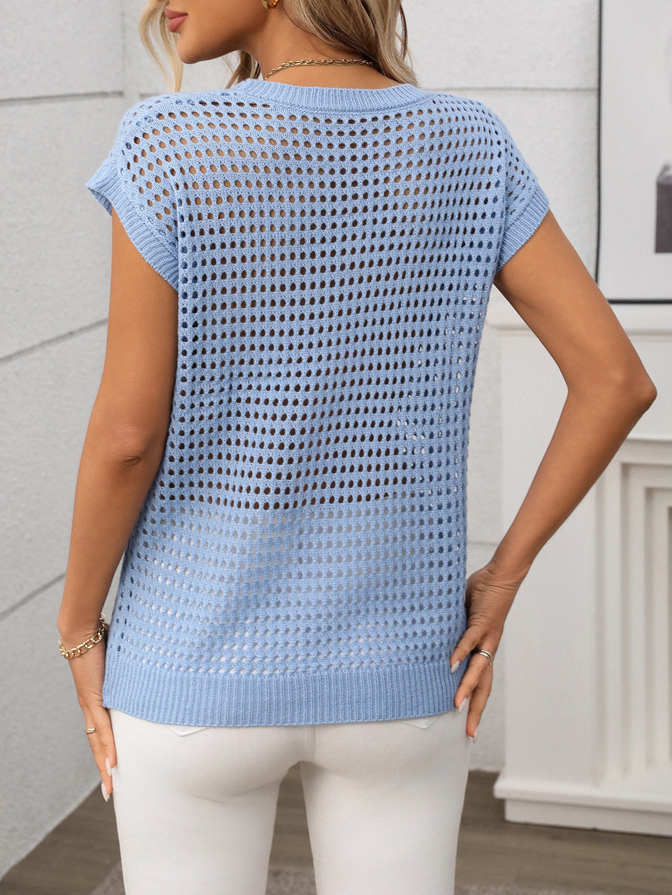 Women's Crew Neck Hollow-Out Sunscreen Knitted Sweater Blouse