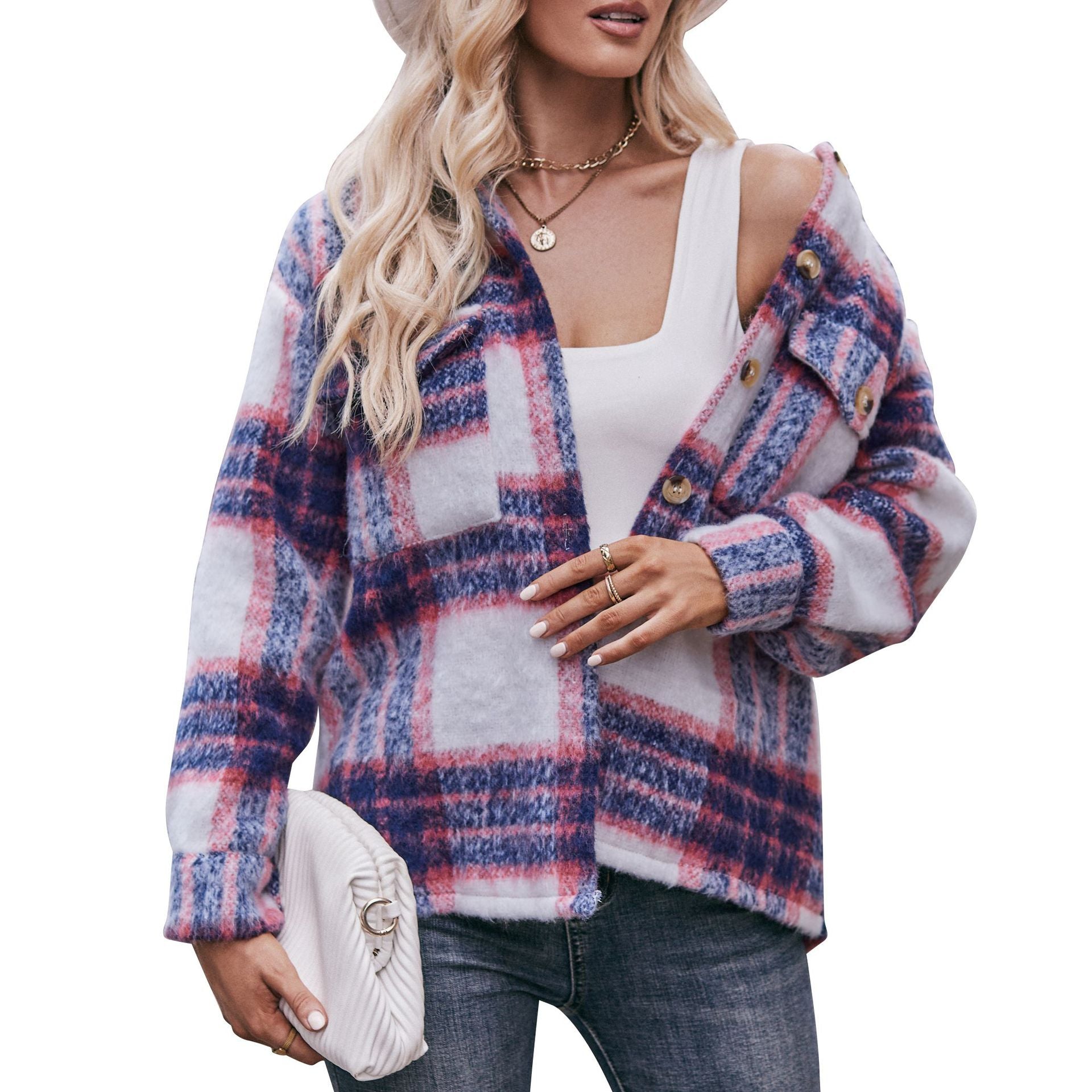 Women Plaid Short Jacket  with Pocket