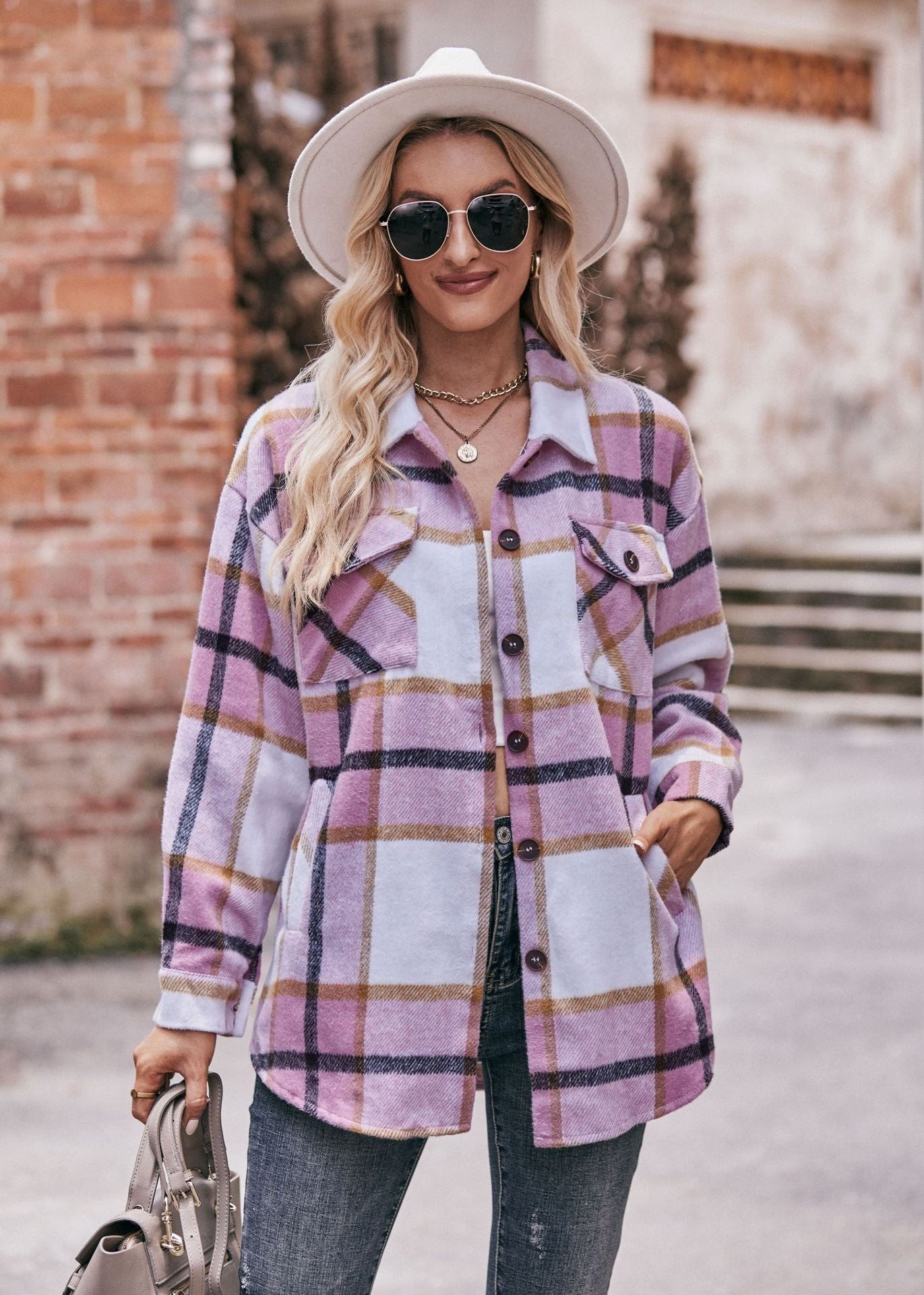 Women's Fall and Winter New Cross-border Women's Plaid Jacket Casual Loose Pocket Shirt