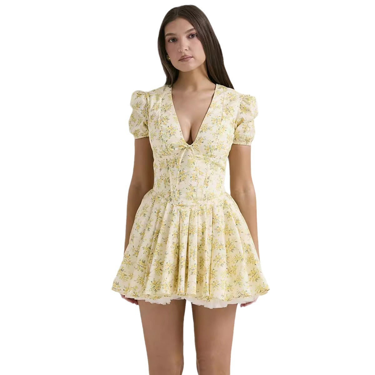 Women's Floral Bubble Sleeve Dress Summer A-line Dress
