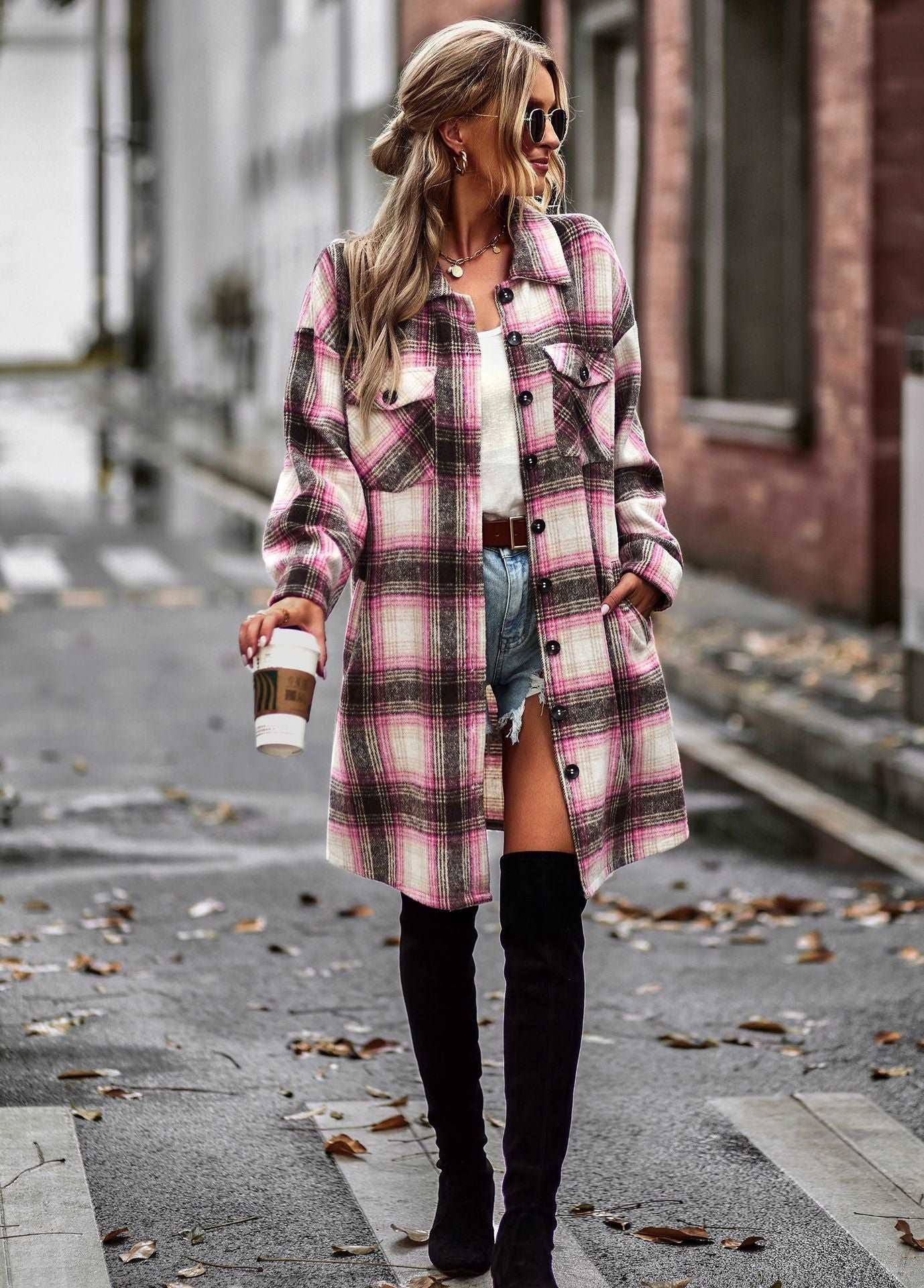 Women's Long Sleeve Button Down Jackets Plaid Flannel Shirts Tops Casual Lapel V Neck Oversized Shackets Blouses Top