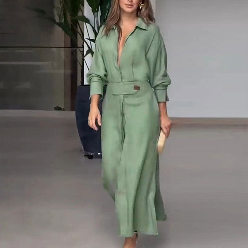 Elegant Solid Color Strap Waist Dress Long Dress