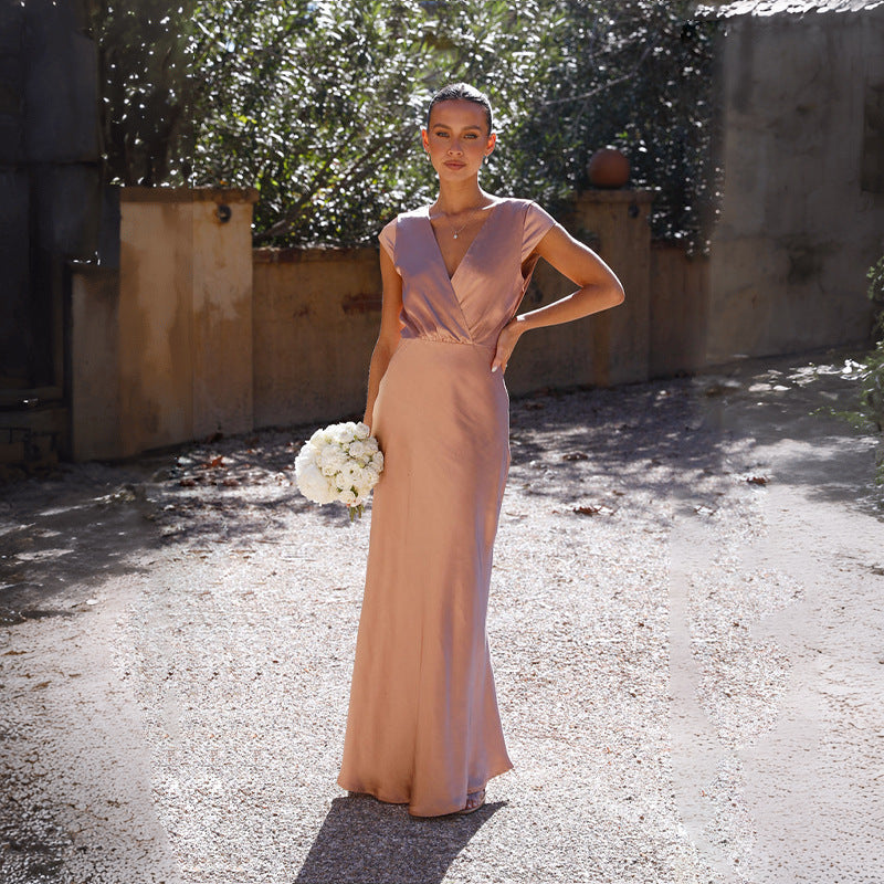 Women Satin Solid Color V-Neck Sexy Fishtail Dress Party Dress Long Dress