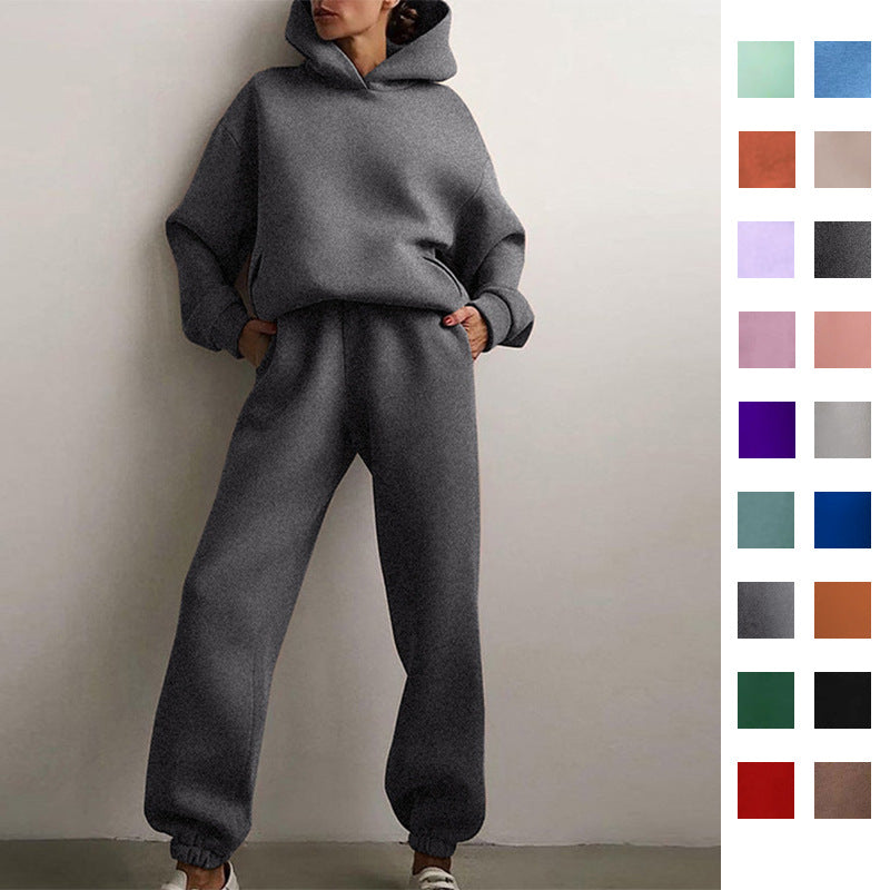 Women Fashion Casual Sports Solid Color Hooded Set