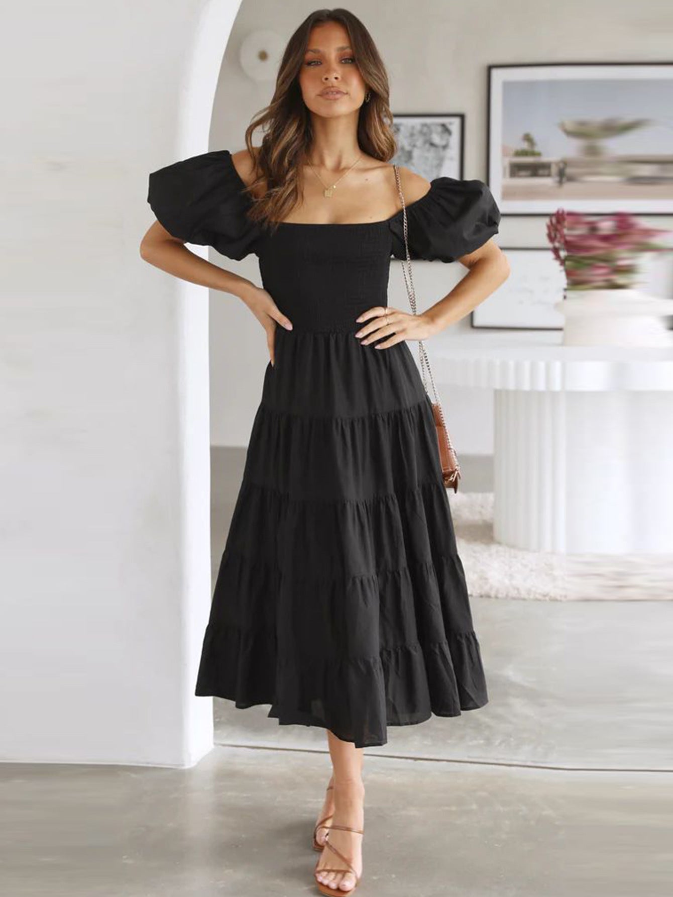 Offshoulder Printed Bubble Sleeve Dress for Women