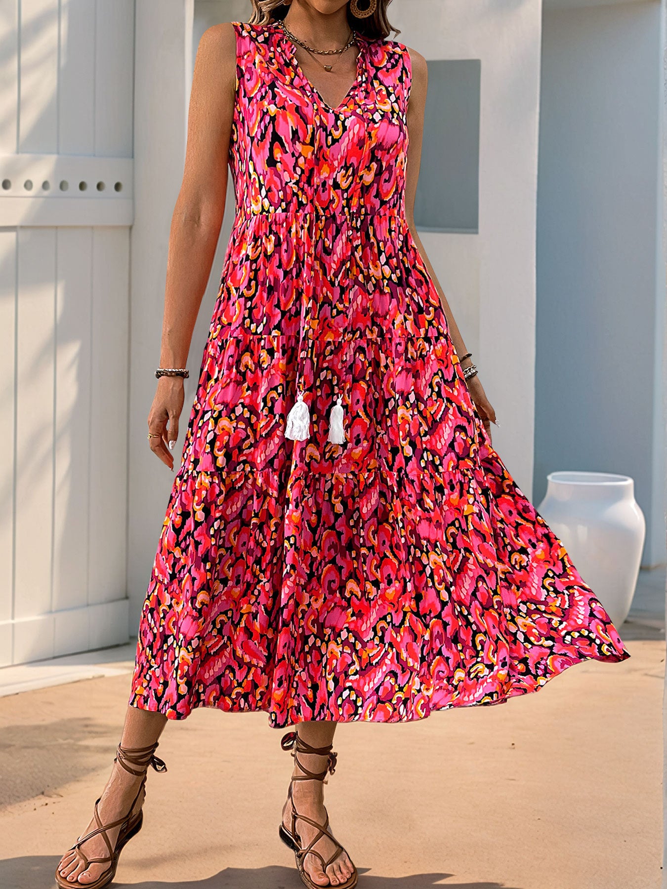 Sleeveless V-neck Fringed Print Dress for Women