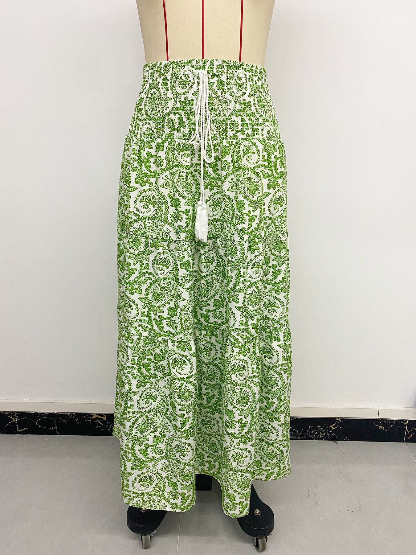 Long Skirt Elastic Waist Fringed Drawstring Paisley Print Skirt