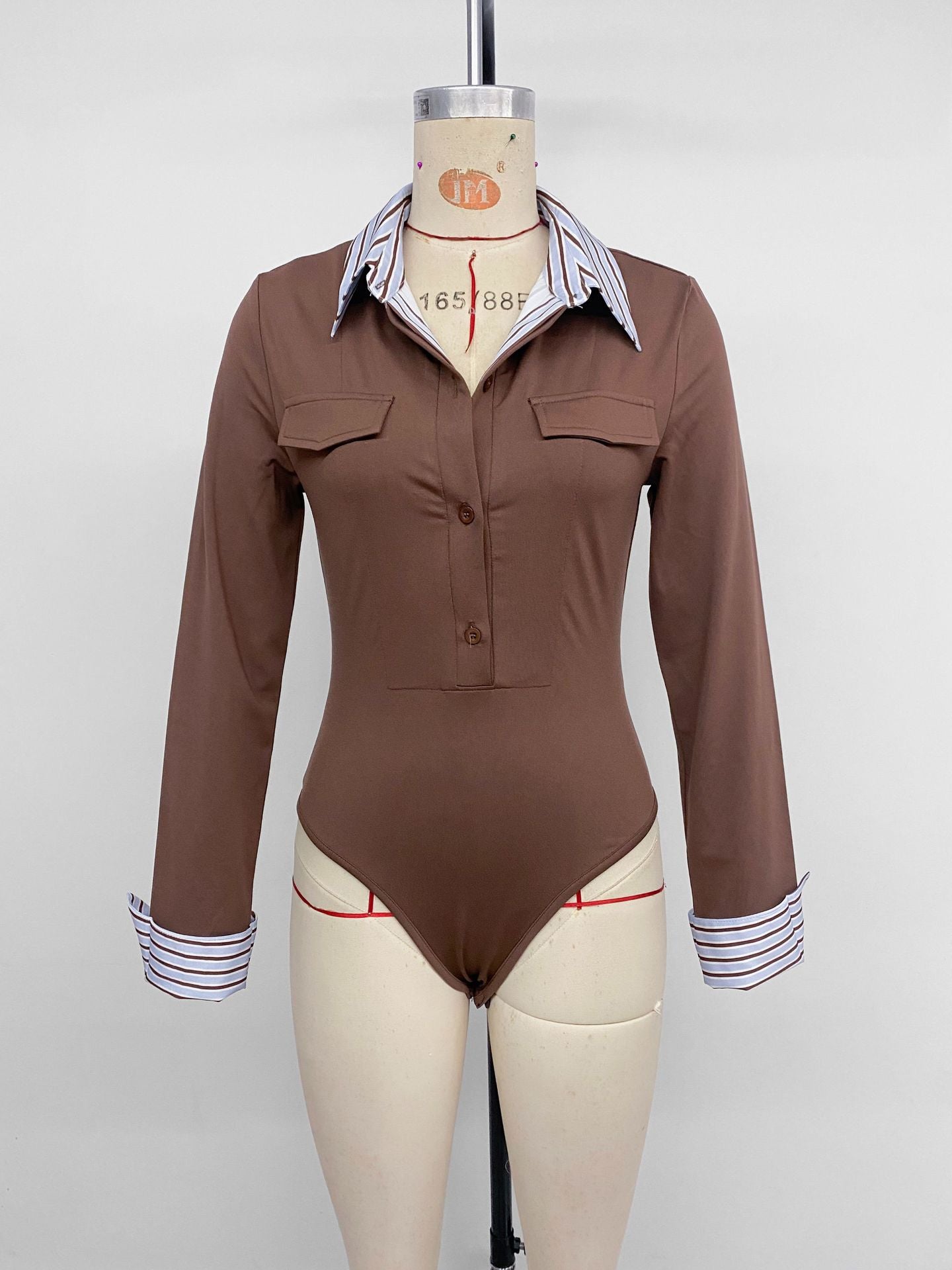 Striped Shirt Collar Long Sleeve Slim Fit Bodysuit