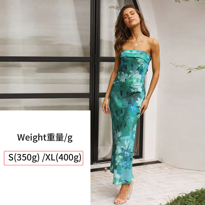 Women's Tube Satin Backless Strapless Dress with Print