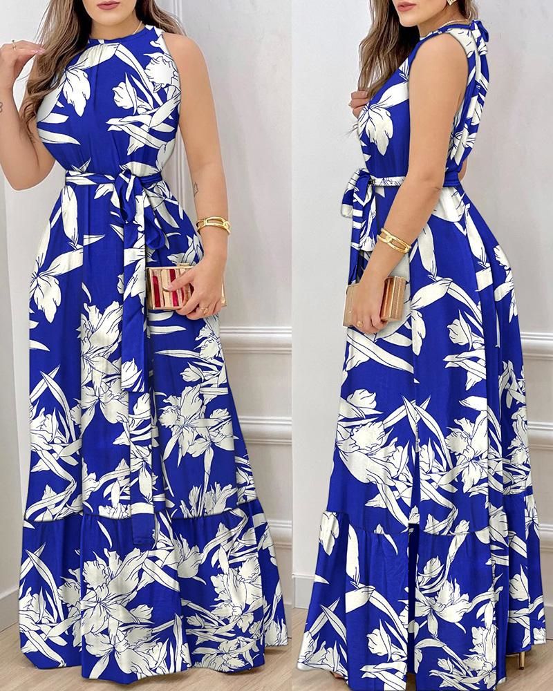 Women's Summer Neck Strap Printed Lotus Leaf Dress Women