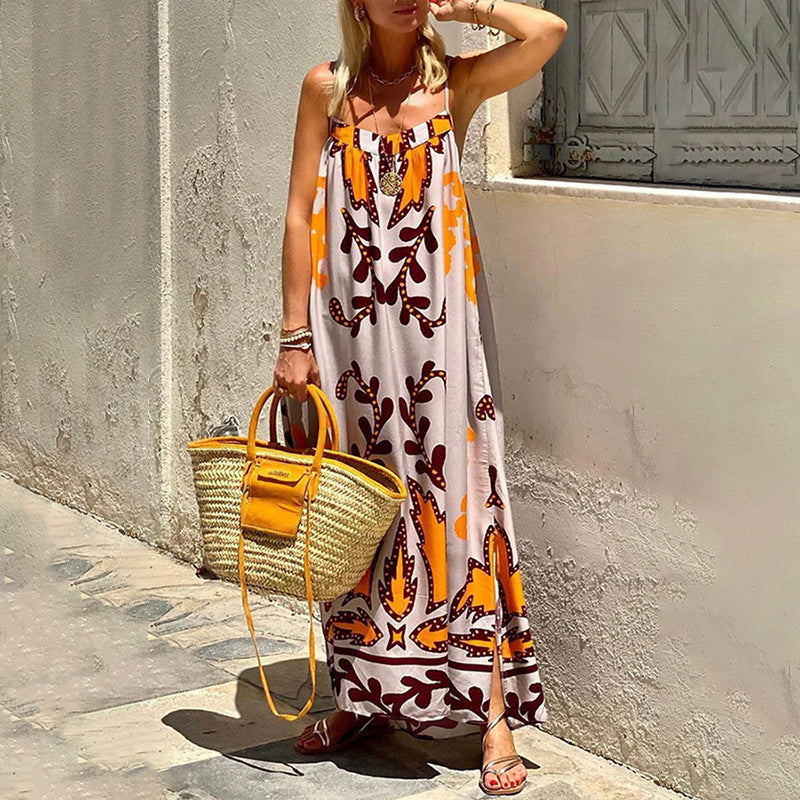 Elegant Printed High Waist Suspender Dress Long Dress