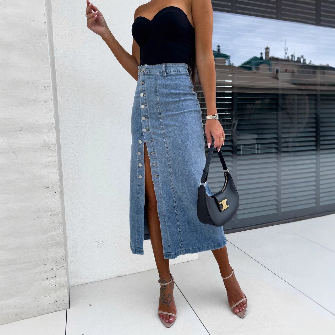 Women's Button Irregularly Split Denim Skirt