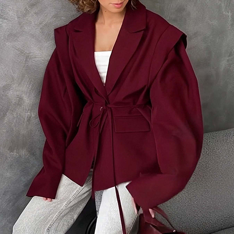 Women's Solid Color Lace-up Suit Collar Coat