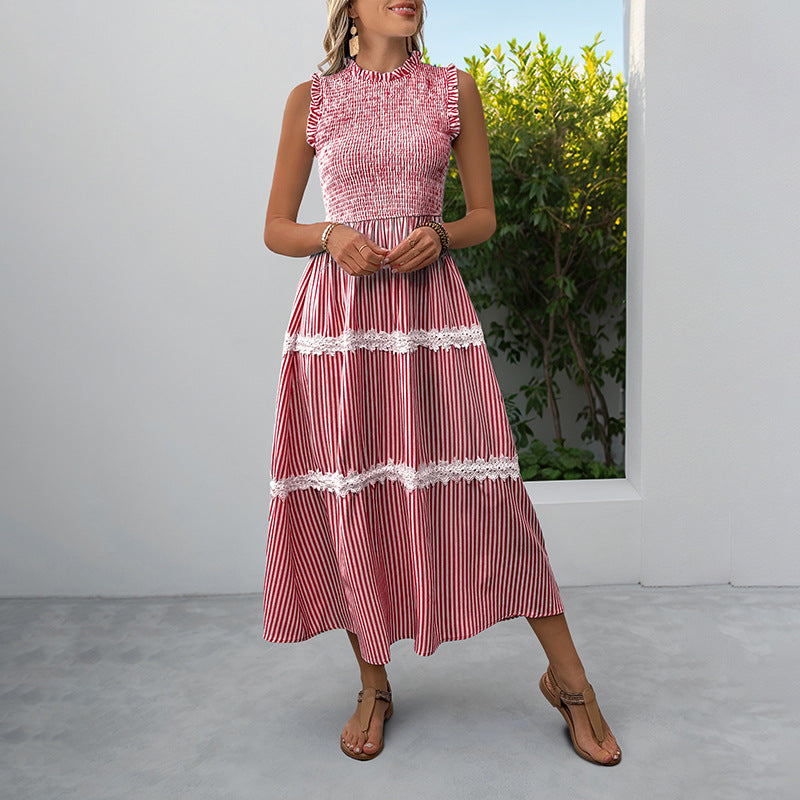 Casual Women's Lace Sleeveless Striped Dress