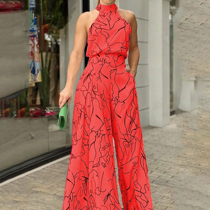 Fashion Sexy Printed Sleeveless Wide Leg Jumpsuit Trousers