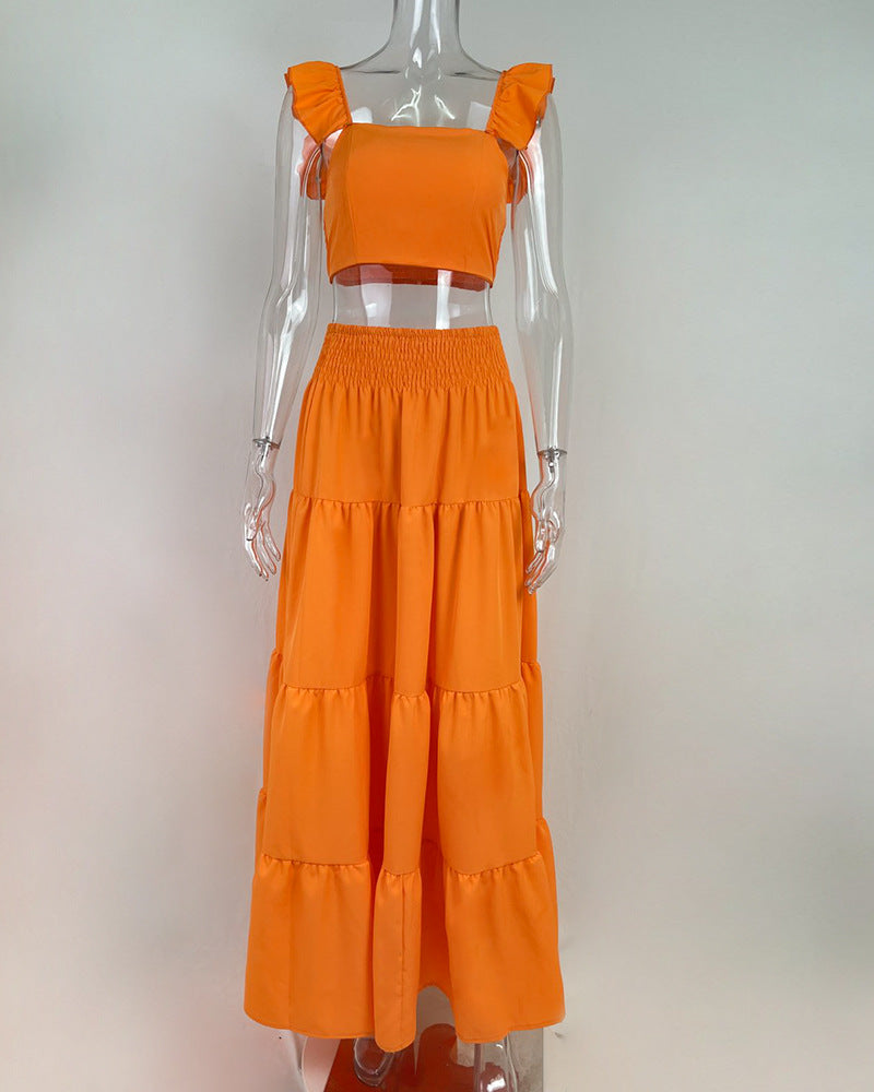 Sexy Daily Casual Solid Color Splicing Suspender Skirt Set